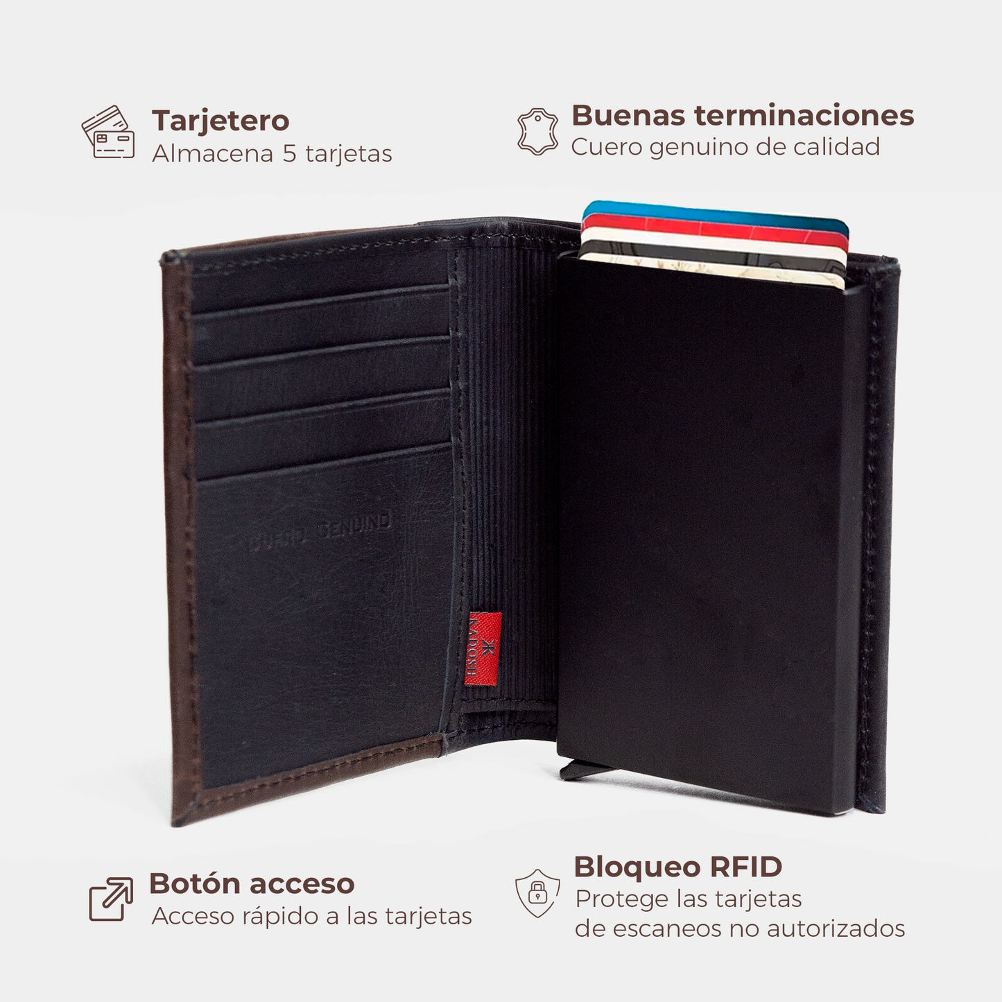 BILLETERA EN CUERO CAFÉ / ANTIRROBO CON TARJETERO AUTOMÁTICO