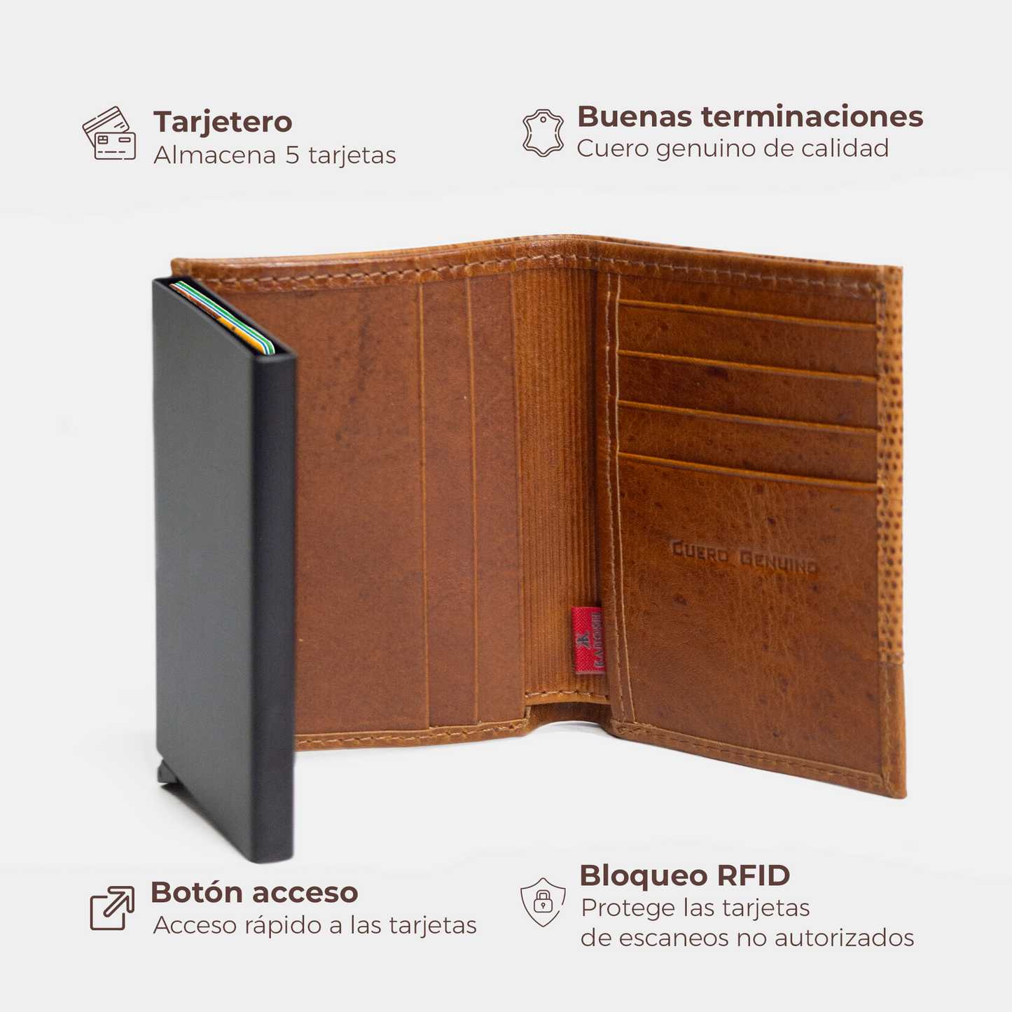 BILLETERA EN CUERO MIEL / ANTIRROBO CON TARJETERO AUTOMÁTICO