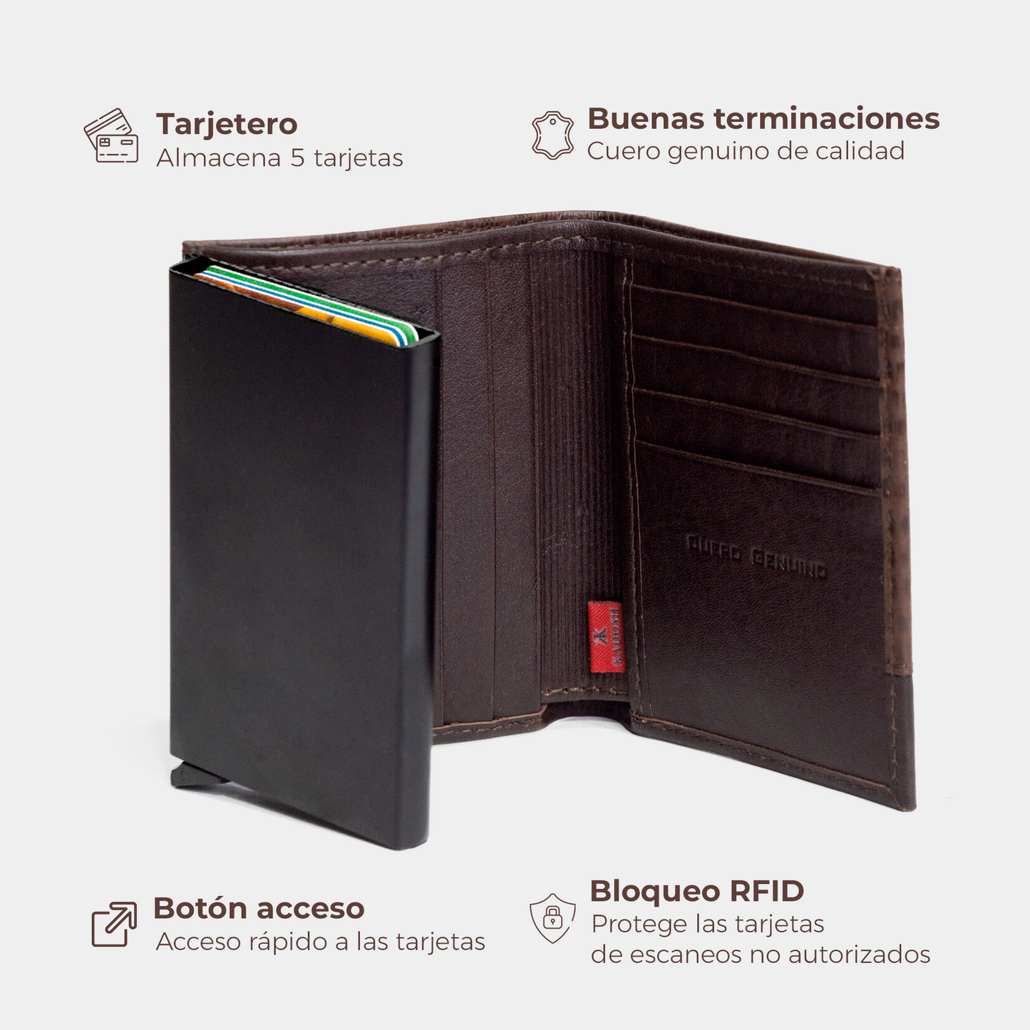 BILLETERA EN CUERO CAFÉ / ANTIRROBO CON TARJETERO AUTOMÁTICO