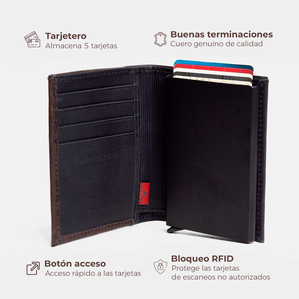BILLETERA EN CUERO CAFÉ / ANTIRROBO CON TARJETERO AUTOMÁTICO