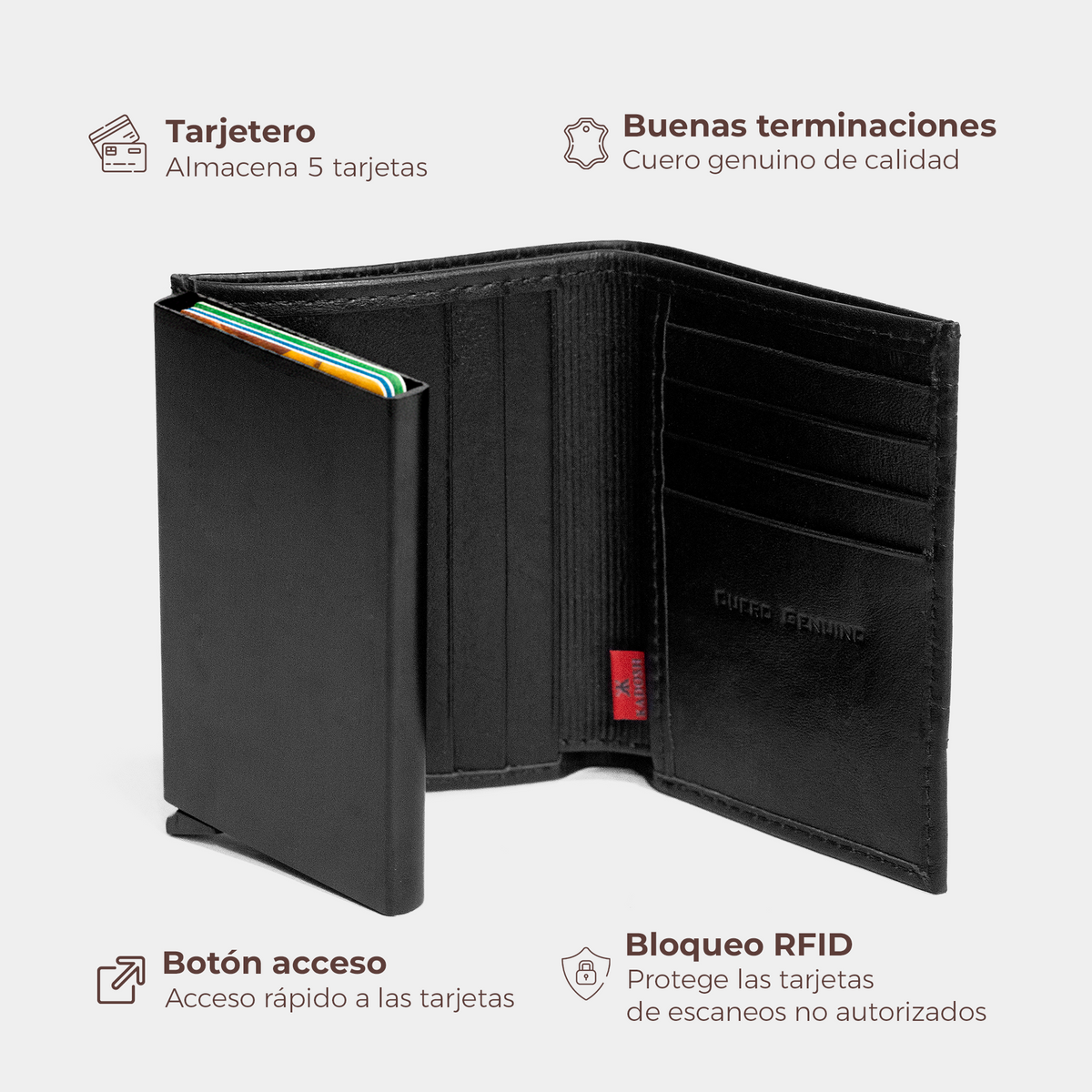 BILLETERA EN CUERO NEGRO GRABADA  / ANTIRROBO CON TARJETERO AUTOMÁTICO