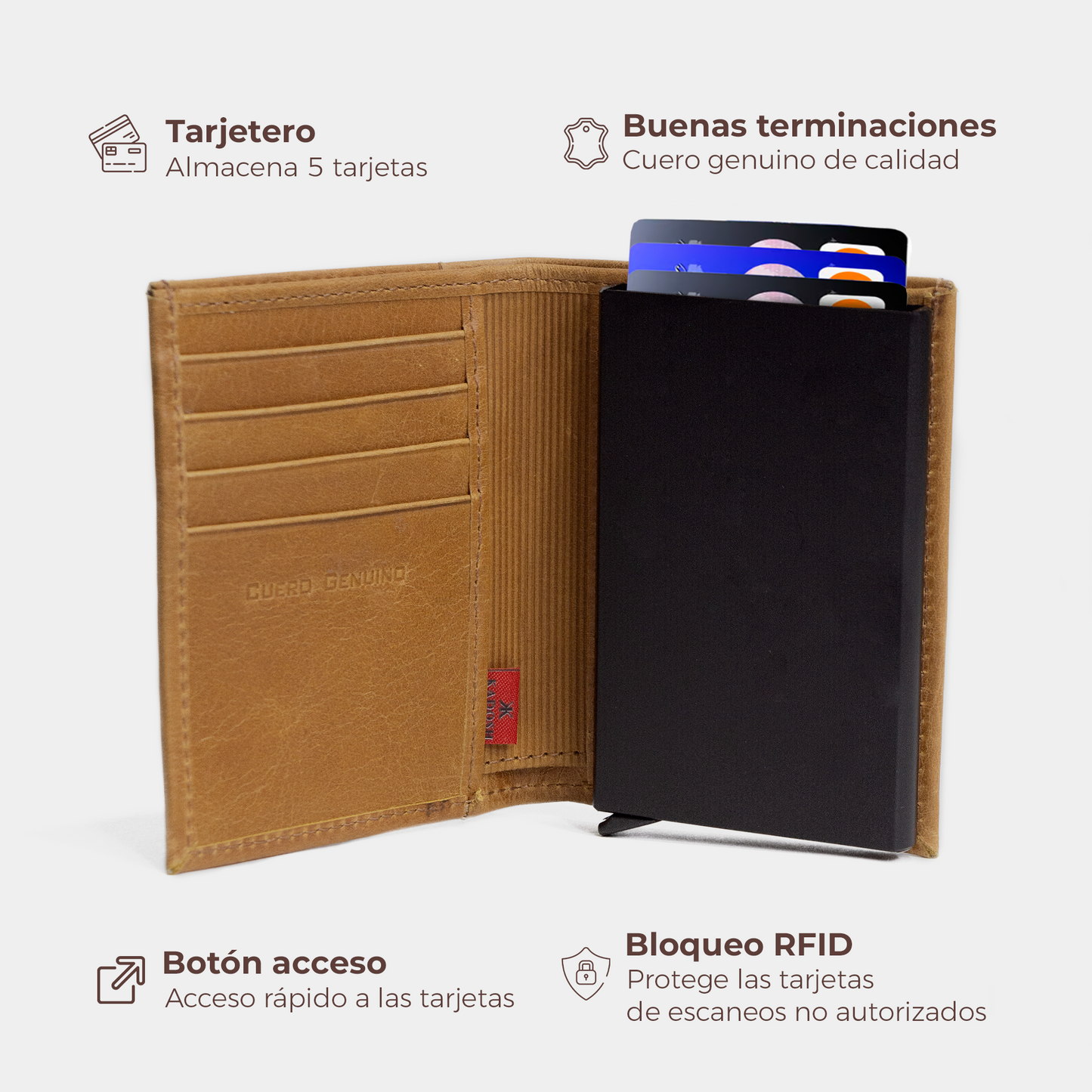 BILLETERA EN CUERO MIEL / ANTIRROBO CON TARJETERO AUTOMÁTICO