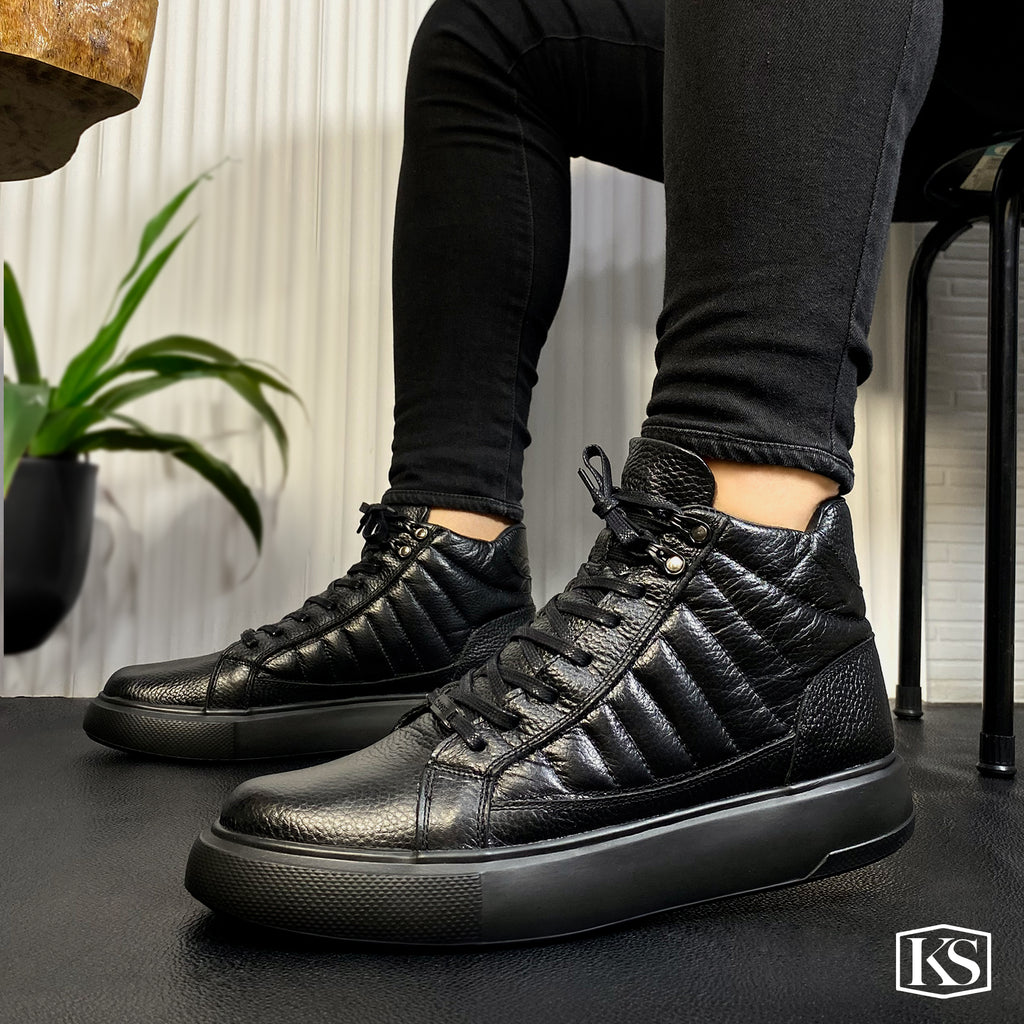 Últimas tallas -TENIS BOTA CUERO NEGRO - ENVÍO GRATIS