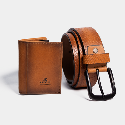 KIT EMBLEMA BILLETERA ANTIRROBO MIEL + CINTURON MIEL- ENVÍO GRATIS