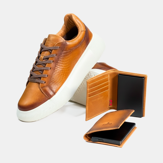 KIT CABERNET CUERO MIEL + BILLETERA ANTIRROBO / ENVÍO GRATIS