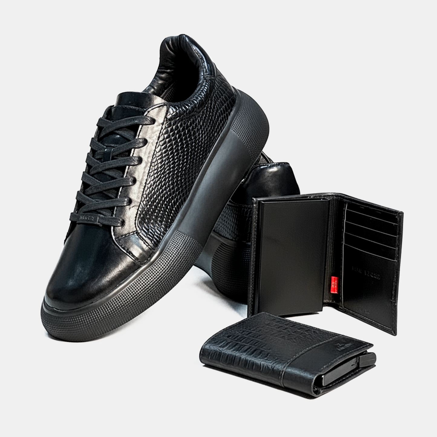 KIT CABERNET CUERO NEGRO + BILLETERA ANTIRROBO / ENVÍO GRATIS