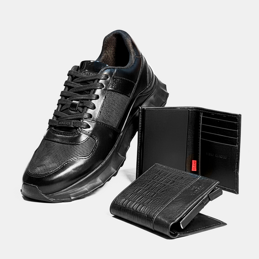 KIT MOSCU CUERO NEGRO + BILLETERA ANTIRROBO / ENVÍO GRATIS